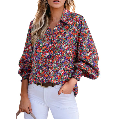 Women’s Floral Chiffon Button Down Blouse – V Neck Long Sleeve Casual Boho Shirt