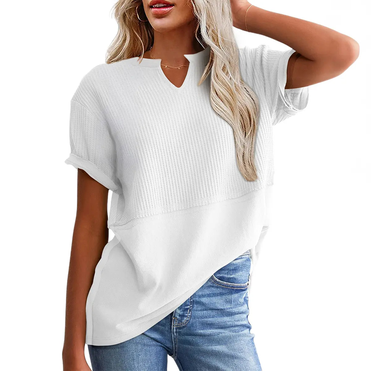 Women's Waffle Knit V-Neck Short Sleeve Top – Loose Fit Casual Summer T-Shirt