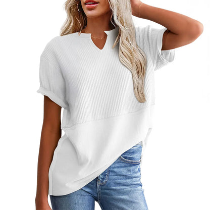 Women's Waffle Knit V-Neck Short Sleeve Top – Loose Fit Casual Summer T-Shirt