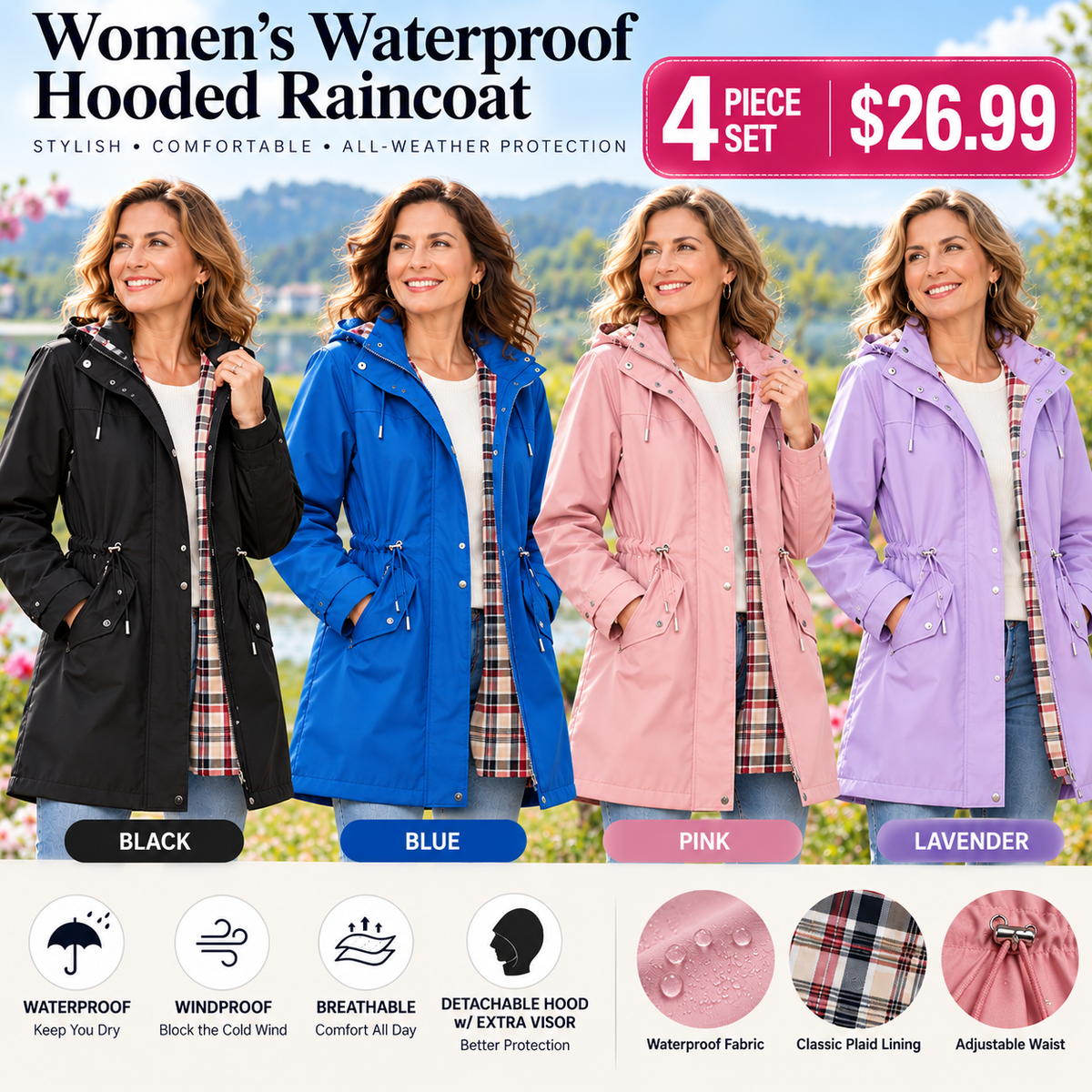 Women's Lightweight Waterproof Hooded Rain Jacket – Stylish, Comfortable & Windproof