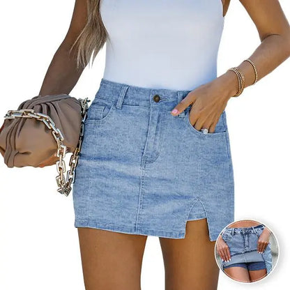 Women’s Denim Skort with Built-In Shorts – High-Waisted Stretch Mini Jean Skirt with Side Slit
