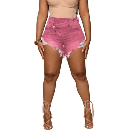 Women's High Waisted Crossover Denim Shorts | Stretch Ripped Summer Jean Shorts