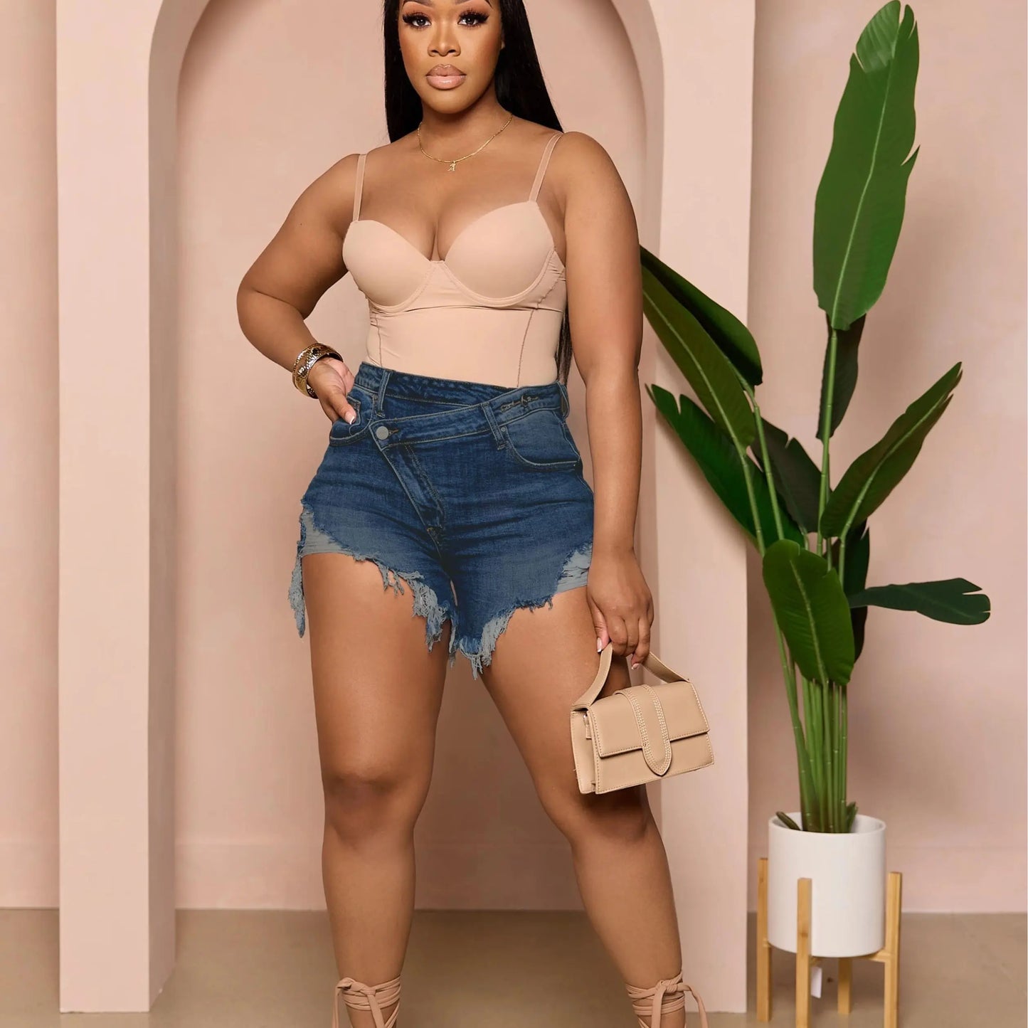 Women's High Waisted Crossover Denim Shorts | Stretch Ripped Summer Jean Shorts