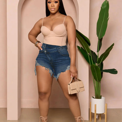 Women's High Waisted Crossover Denim Shorts | Stretch Ripped Summer Jean Shorts