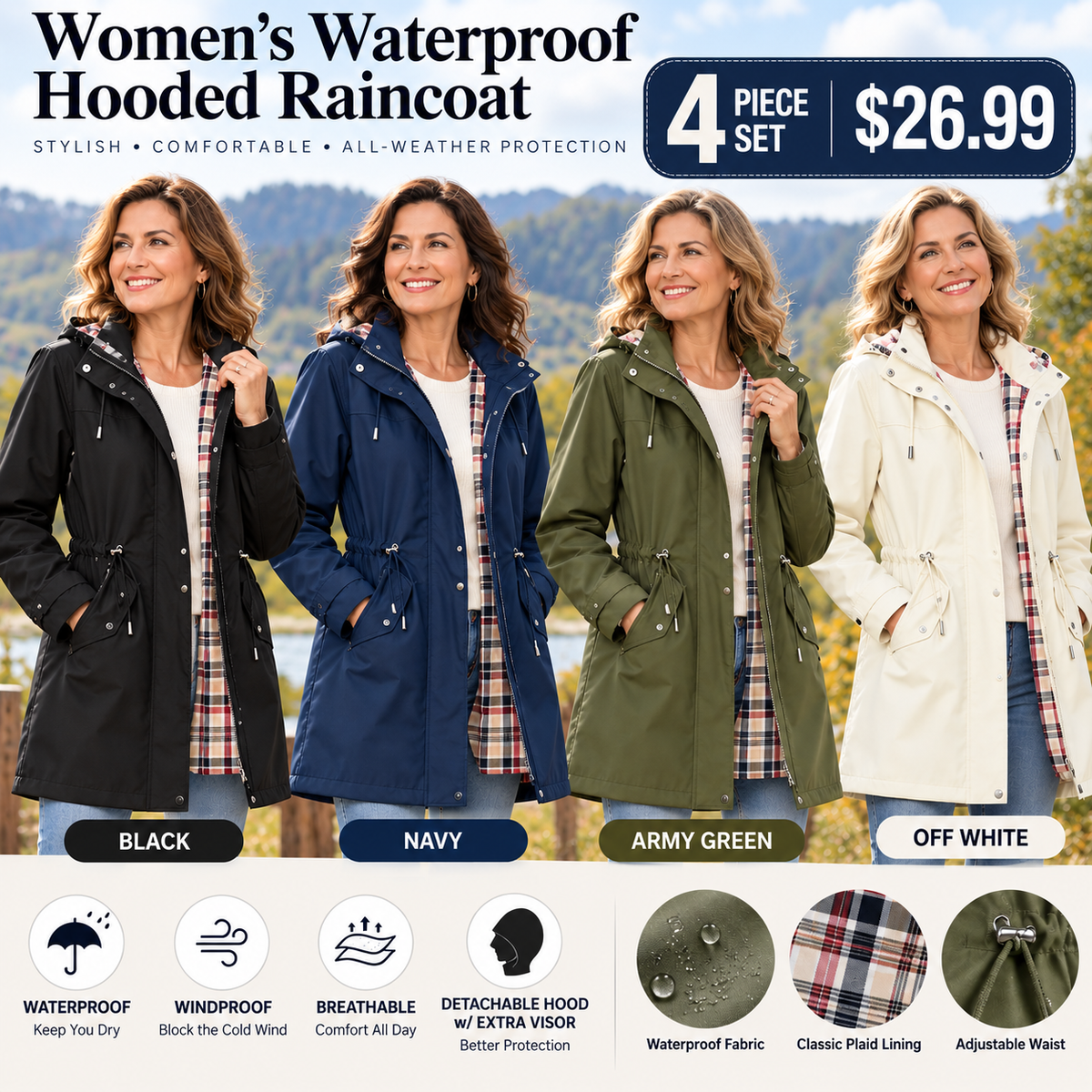 Women's Lightweight Waterproof Hooded Rain Jacket – Stylish, Comfortable & Windproof