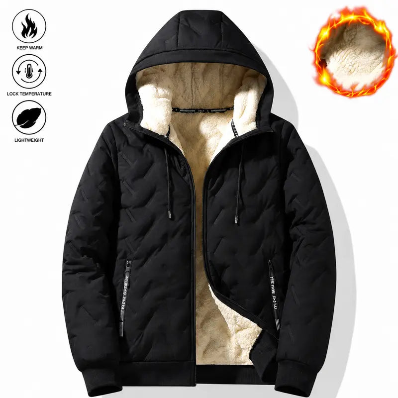 Men's Winter Fleece-Lined Hooded Jacket – Warm Quilted Full-Zip Coat