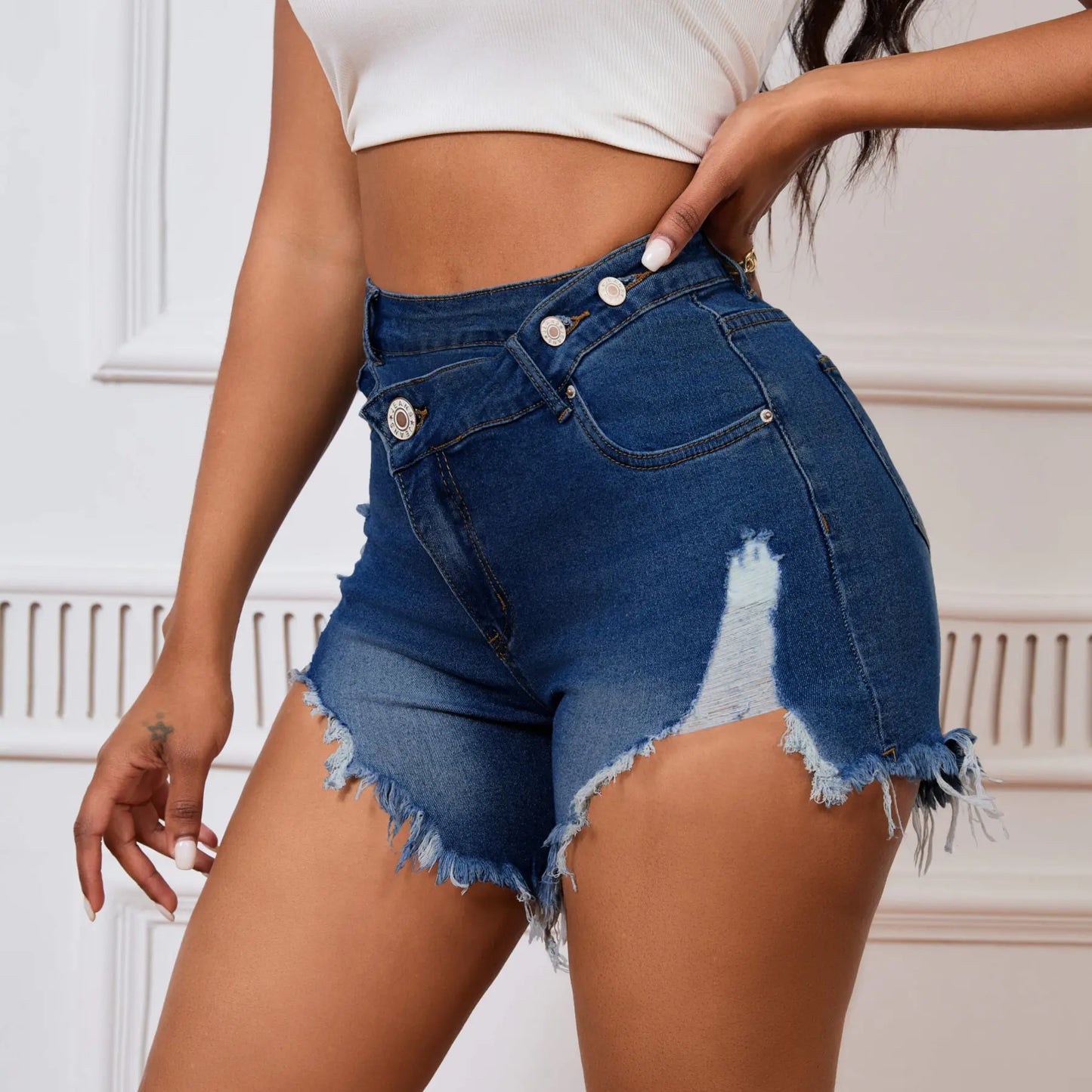 Women's High Waisted Crossover Denim Shorts | Stretch Ripped Summer Jean Shorts