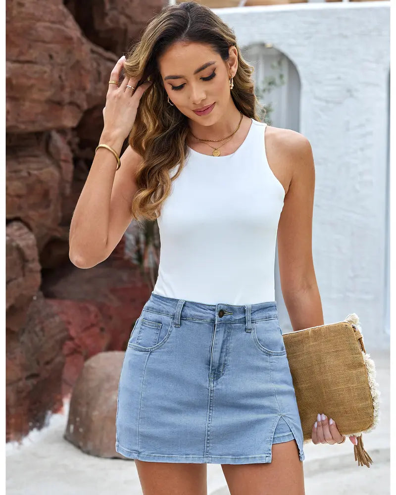 Women’s Denim Skort with Built-In Shorts – High-Waisted Stretch Mini Jean Skirt with Side Slit
