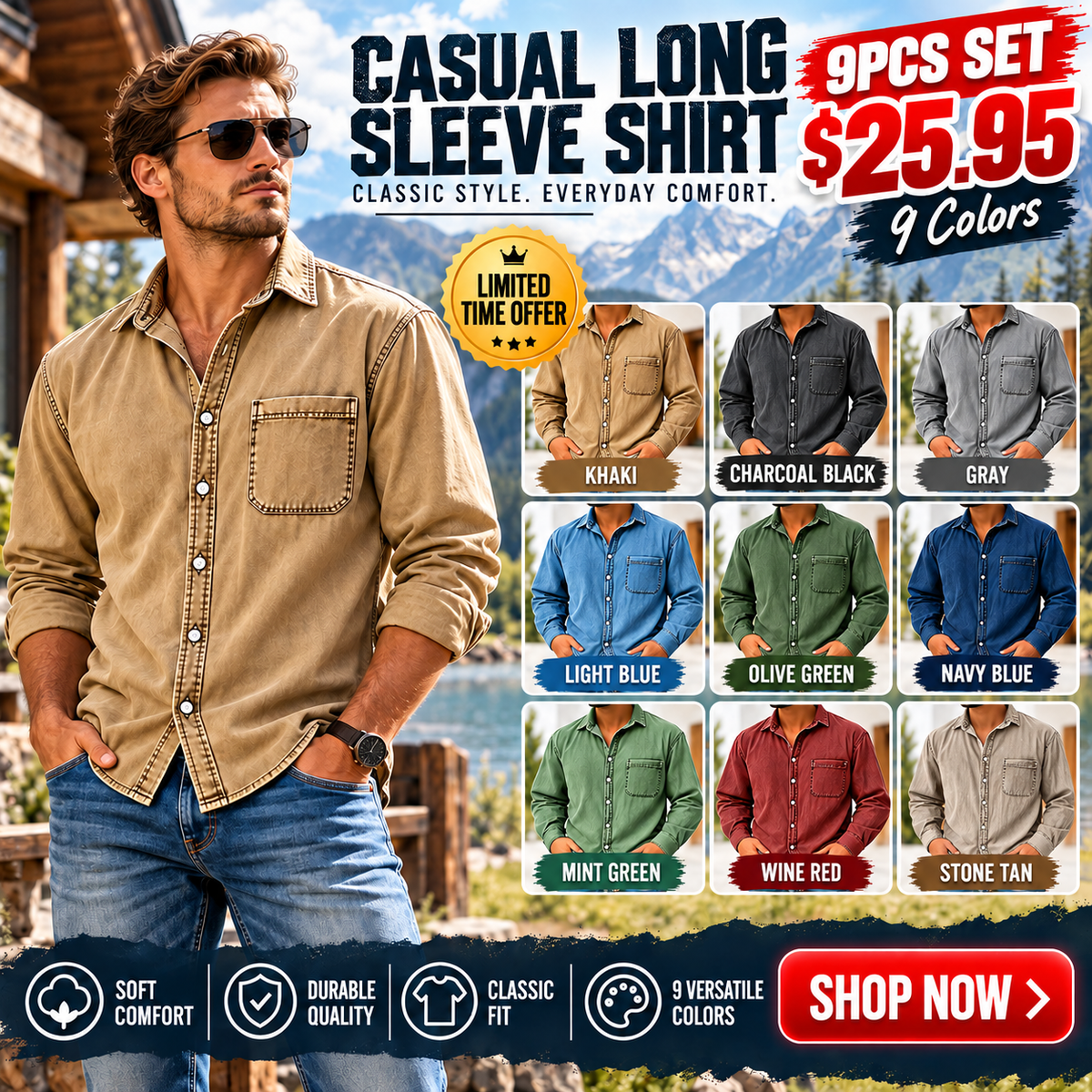Men's Vintage Washed Denim Button-Down Shirt – Classic Casual Long Sleeve