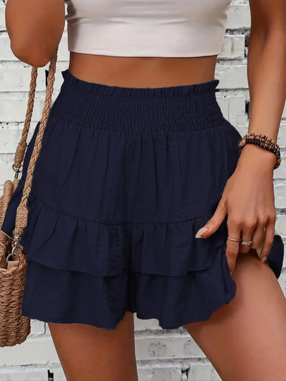 Women’s High-Waisted Ruffle Shorts – Smocked Waist Tiered Boho Summer Shorts for Casual Daily Wear