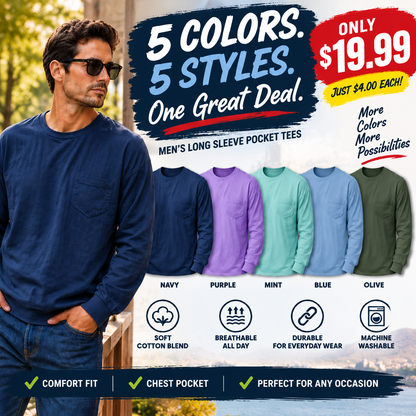 Men's Loose Fit Long Sleeve Pocket T-Shirt – Soft Cotton Blend Casual Tee for Everyday Wear
