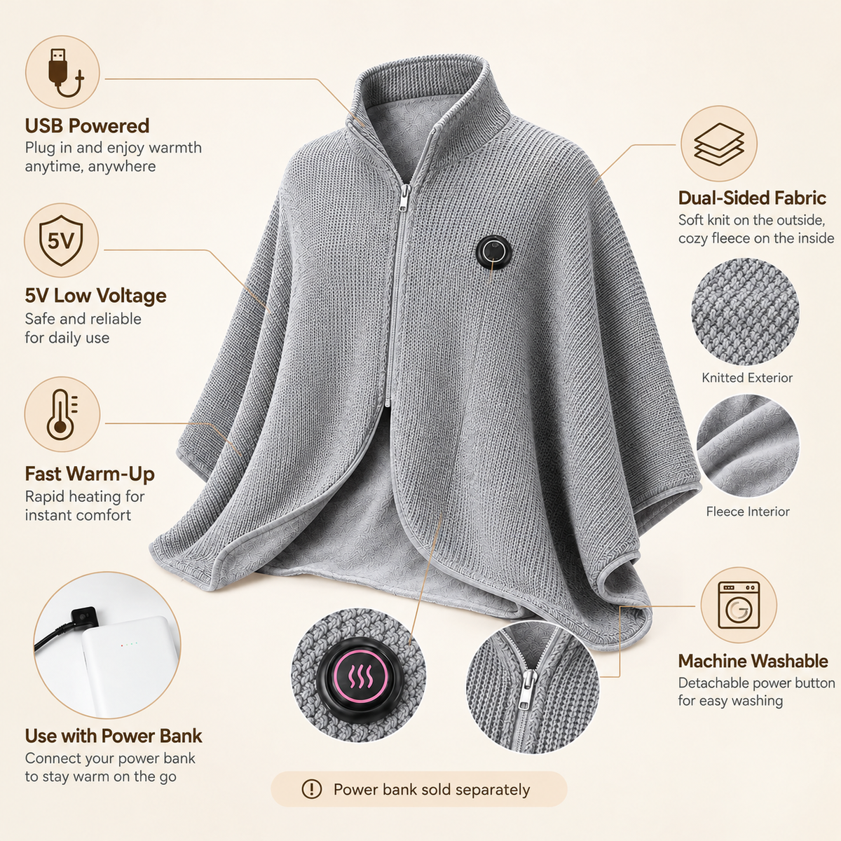 Wearable Heated Shawl 3 Heat Levels Portable Thermal Wrap