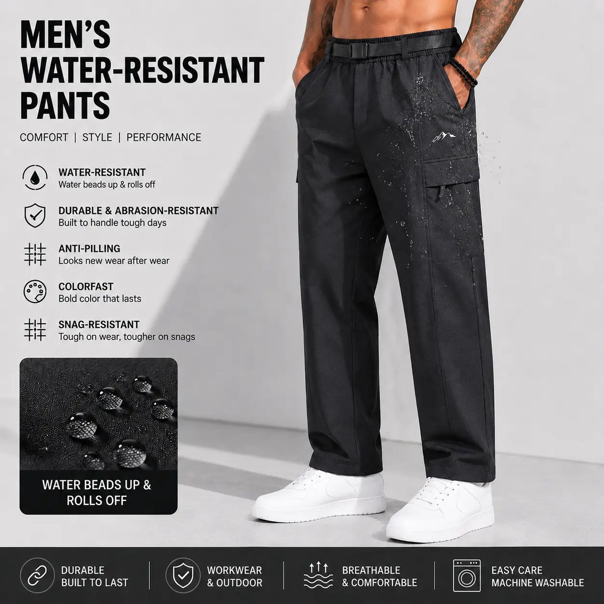 Men’s Relaxed Fit Cargo Pants with Belt – Stretch Waist Multi-Pocket Casual Pants