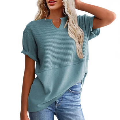 Women's Waffle Knit V-Neck Short Sleeve Top – Loose Fit Casual Summer T-Shirt