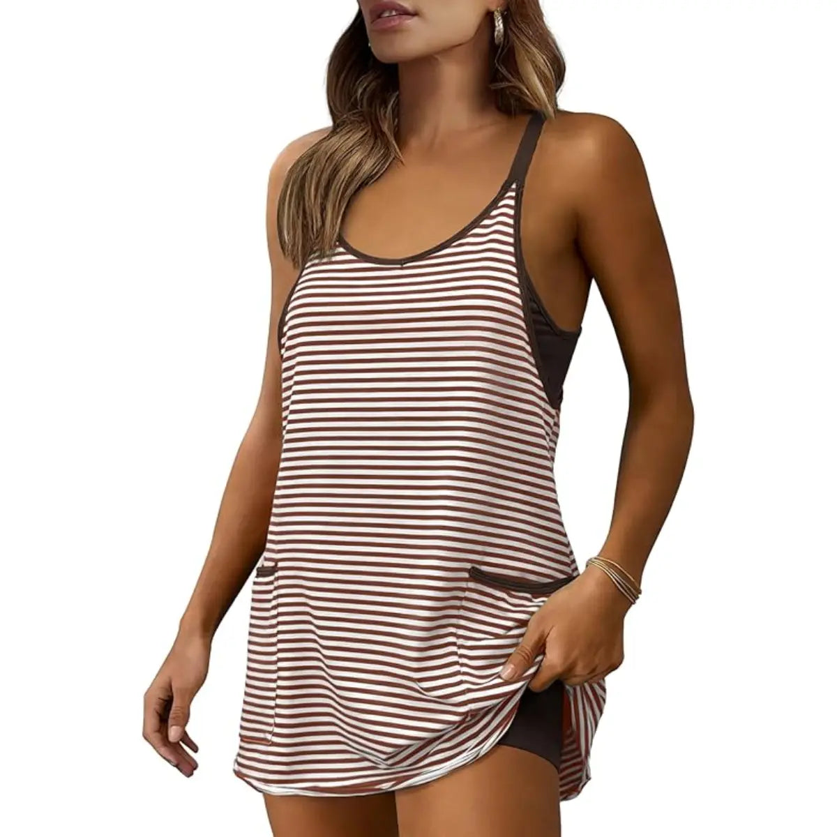 Women's Striped Romper Dress with Built-in Shorts | V-Neck Sleeveless Athletic Mini Dress for Beach, Vacation & Casual Summer Wear