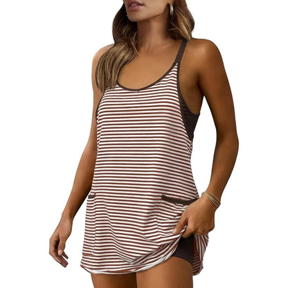 Women's Striped Romper Dress with Built-in Shorts | V-Neck Sleeveless Athletic Mini Dress for Beach, Vacation & Casual Summer Wear