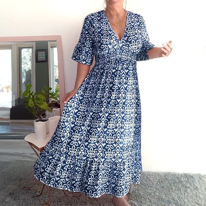 Bohemian Casual Print V-neck Waist Wrap Long Dress