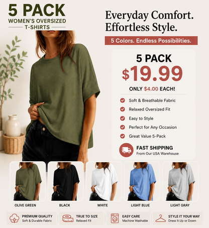 Women's Oversized T-Shirt | Soft Loose Fit Casual Crew Neck Basic Tee for Everyday Wear