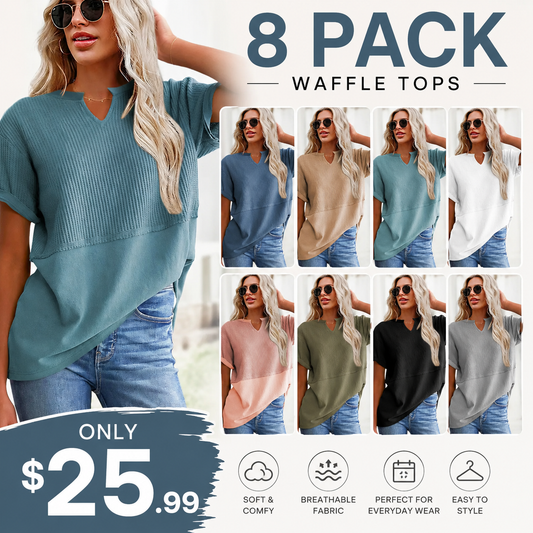 Women's Waffle Knit V-Neck Short Sleeve Top – Loose Fit Casual Summer T-Shirt