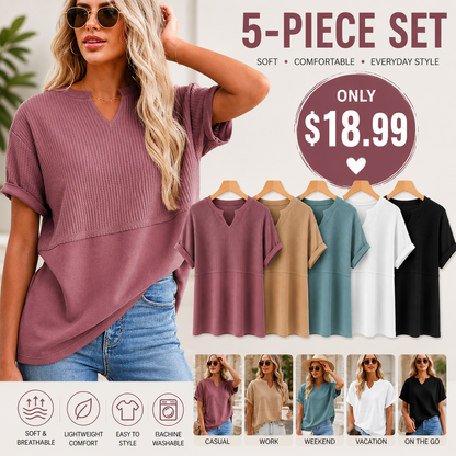 Women's Waffle Knit V-Neck Short Sleeve Top – Loose Fit Casual Summer T-Shirt