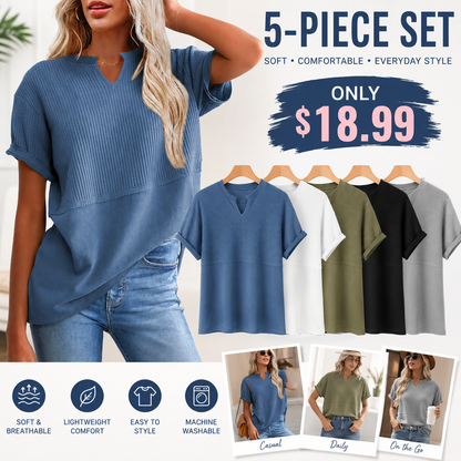 Women's Waffle Knit V-Neck Short Sleeve Top – Loose Fit Casual Summer T-Shirt