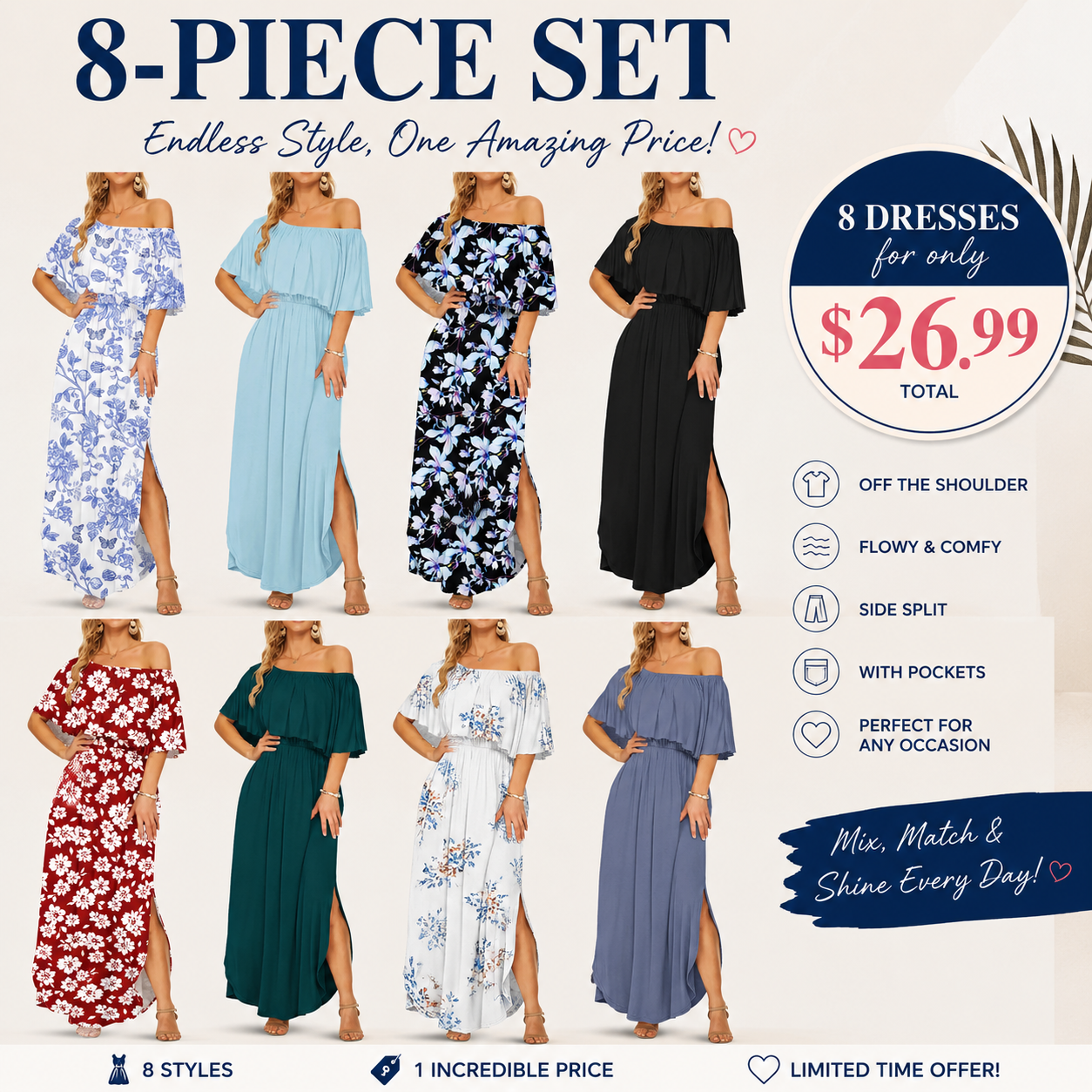 Women's Plus Size Off-Shoulder Maxi Dress with Pockets | Casual Summer Wedding Guest, Beach & Vacation Dress