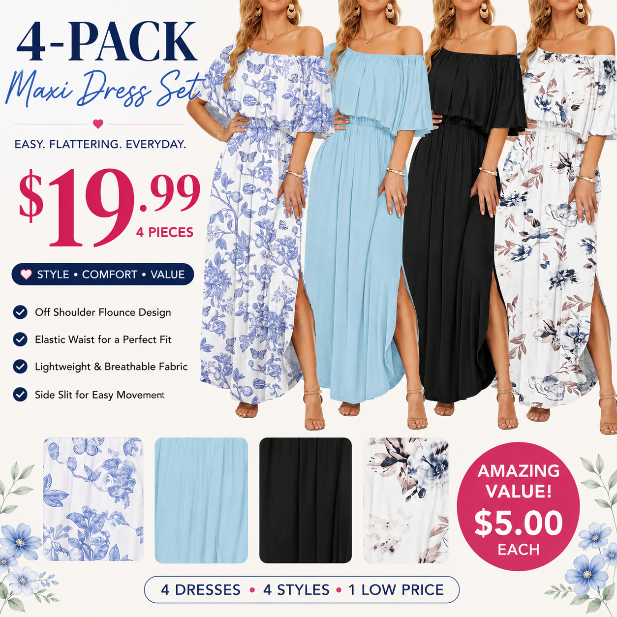 Women's Plus Size Off-Shoulder Maxi Dress with Pockets | Casual Summer Wedding Guest, Beach & Vacation Dress