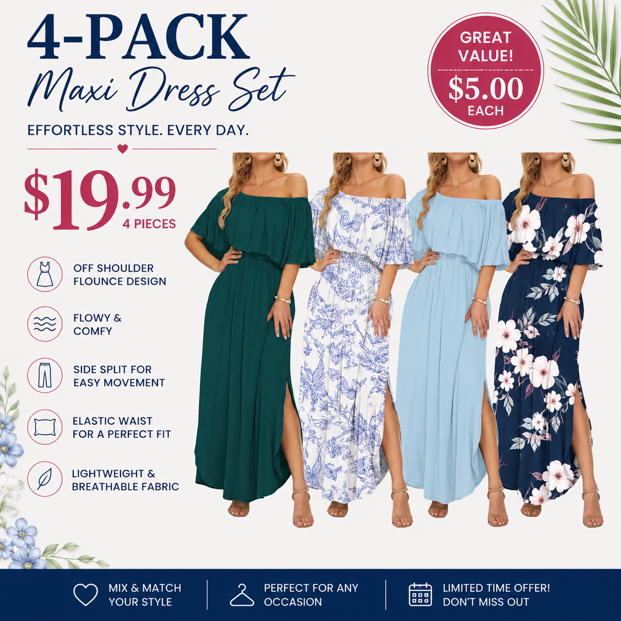 Women's Plus Size Off-Shoulder Maxi Dress with Pockets | Casual Summer Wedding Guest, Beach & Vacation Dress