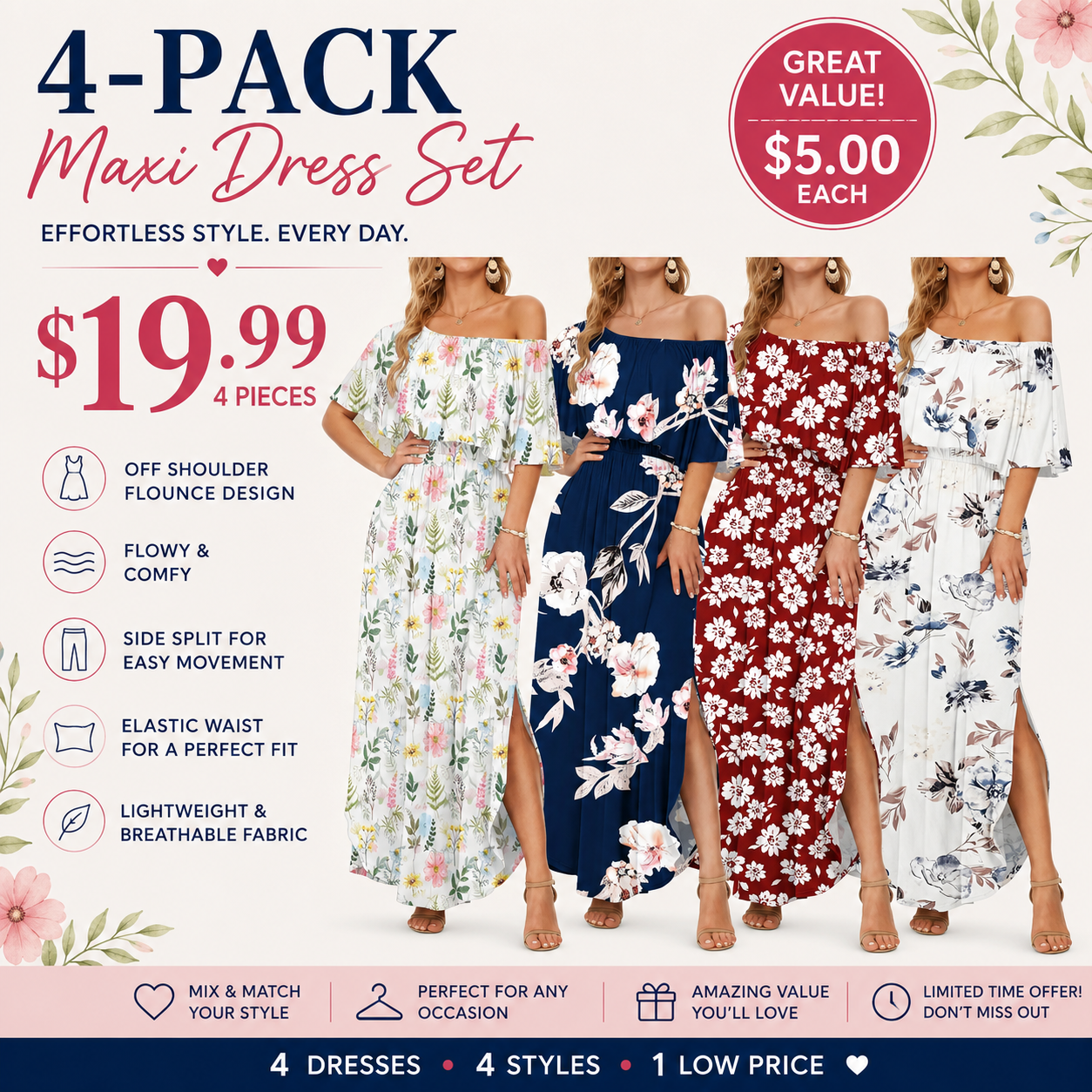 Women's Plus Size Off-Shoulder Maxi Dress with Pockets | Casual Summer Wedding Guest, Beach & Vacation Dress