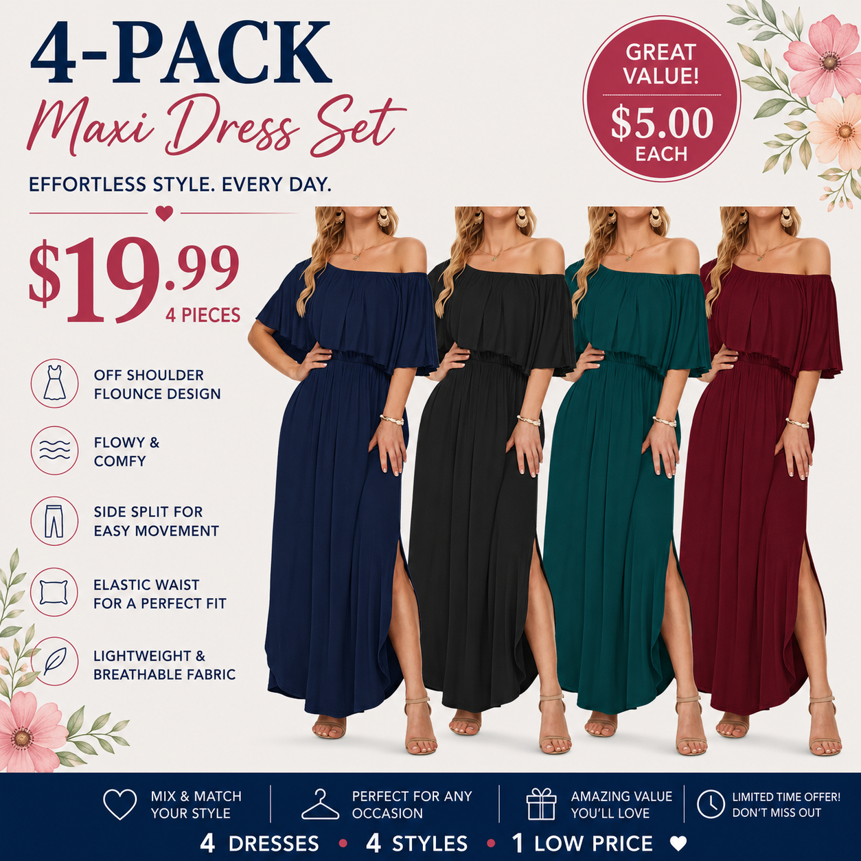 Women's Plus Size Off-Shoulder Maxi Dress with Pockets | Casual Summer Wedding Guest, Beach & Vacation Dress