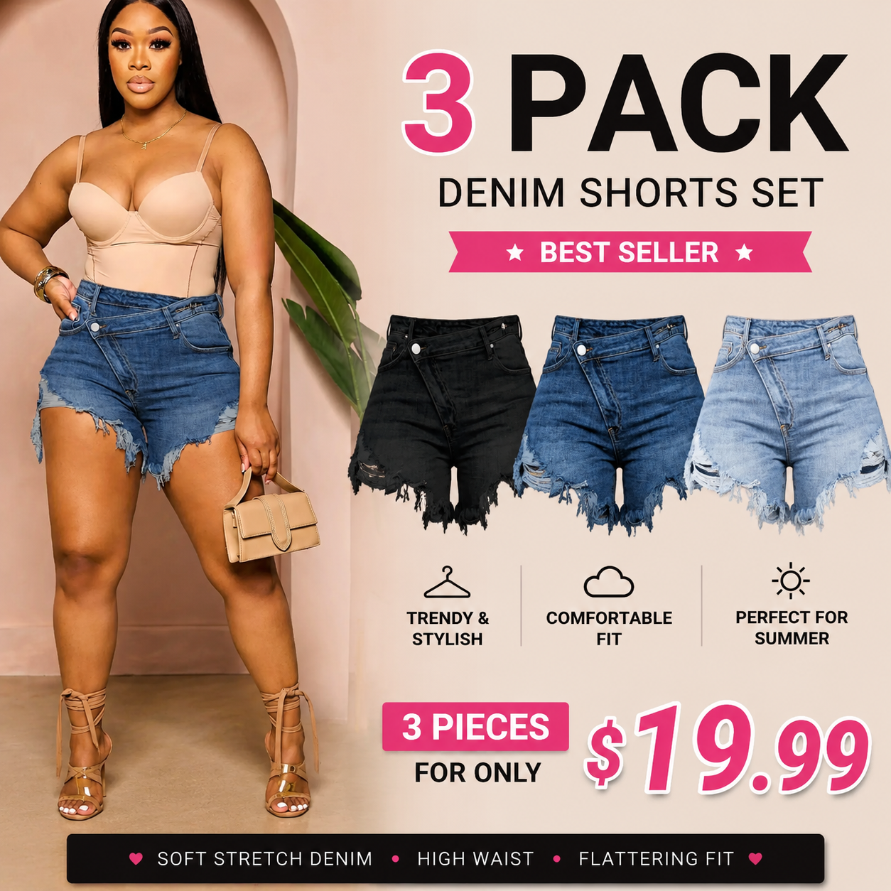 Women's High Waisted Crossover Denim Shorts | Stretch Ripped Summer Jean Shorts