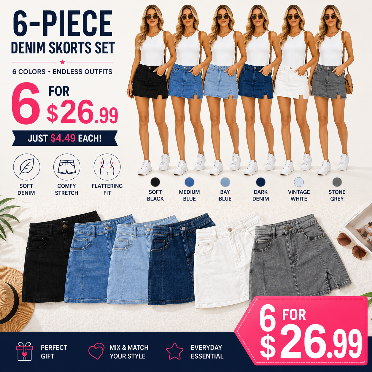 Women’s Denim Skort with Built-In Shorts – High-Waisted Stretch Mini Jean Skirt with Side Slit