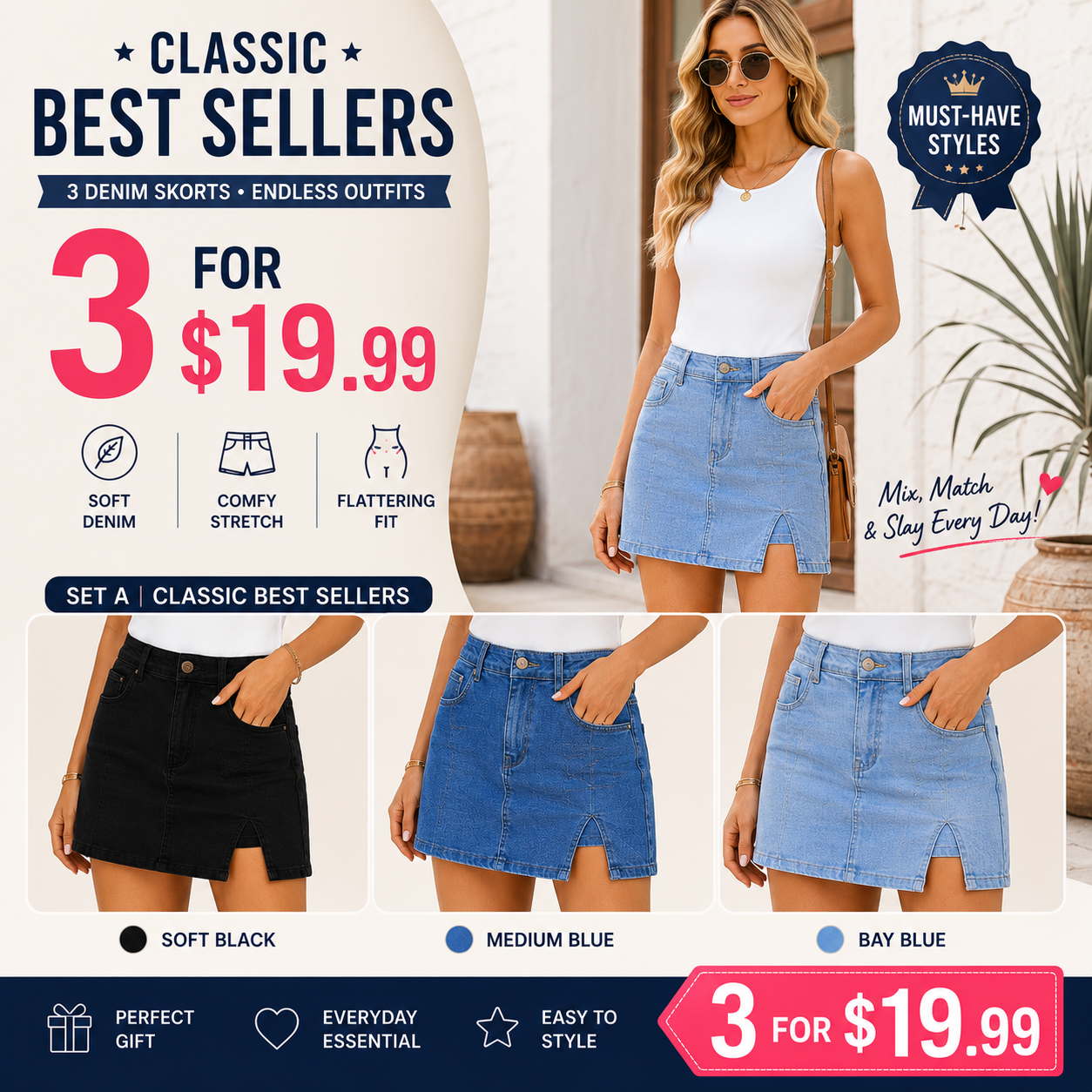 Women’s Denim Skort with Built-In Shorts – High-Waisted Stretch Mini Jean Skirt with Side Slit