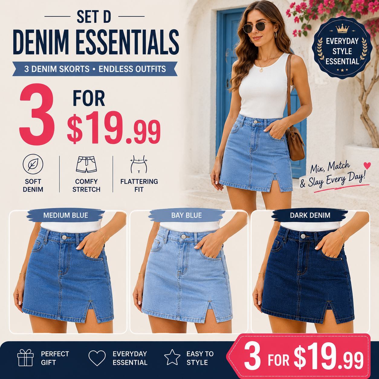 Women’s Denim Skort with Built-In Shorts – High-Waisted Stretch Mini Jean Skirt with Side Slit
