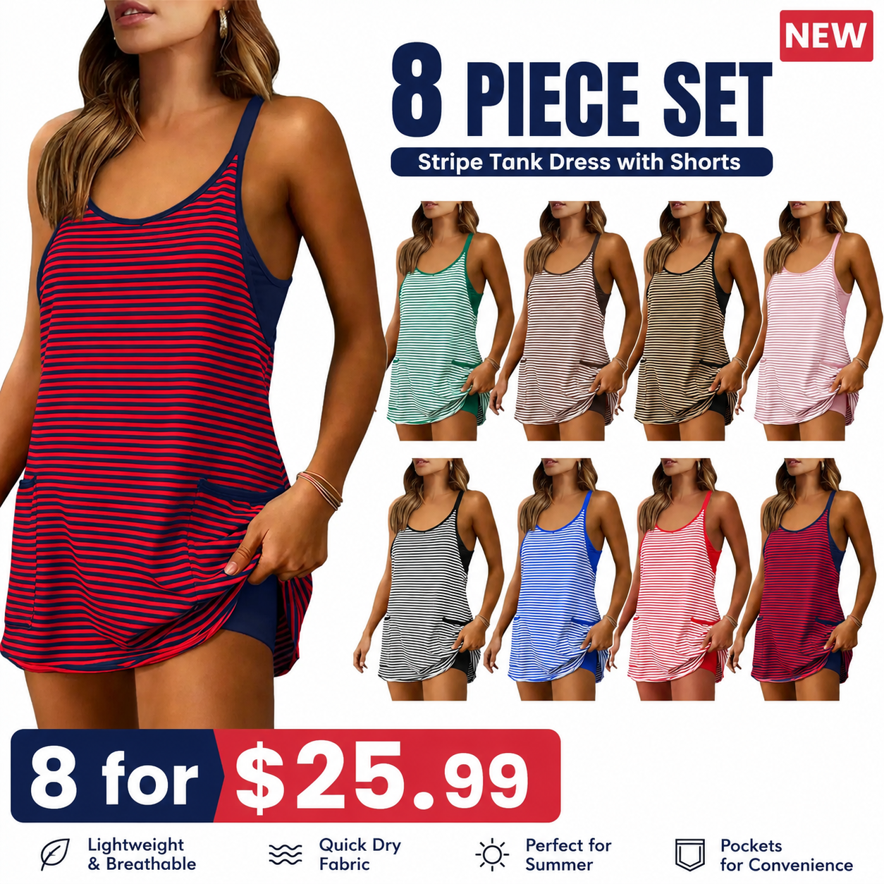 Women's Striped Romper Dress with Built-in Shorts | V-Neck Sleeveless Athletic Mini Dress for Beach, Vacation & Casual Summer Wear