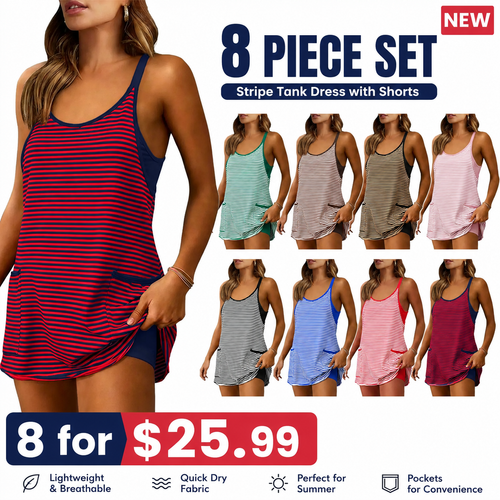 Women's Striped Romper Dress with Built-in Shorts | V-Neck Sleeveless Athletic Mini Dress for Beach, Vacation & Casual Summer Wear