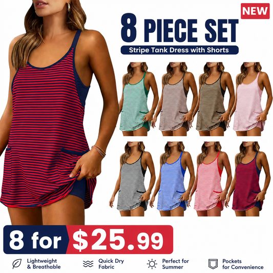 Women's Striped Romper Dress with Built-in Shorts | V-Neck Sleeveless Athletic Mini Dress for Beach, Vacation & Casual Summer Wear