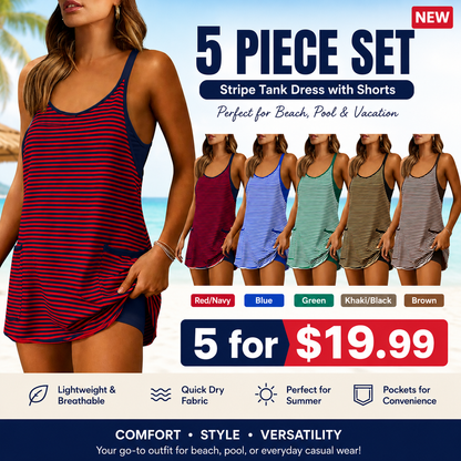 Women's Striped Romper Dress with Built-in Shorts | V-Neck Sleeveless Athletic Mini Dress for Beach, Vacation & Casual Summer Wear