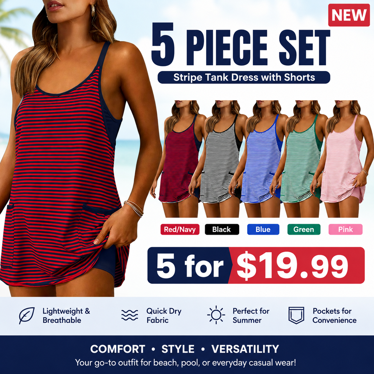Women's Striped Romper Dress with Built-in Shorts | V-Neck Sleeveless Athletic Mini Dress for Beach, Vacation & Casual Summer Wear