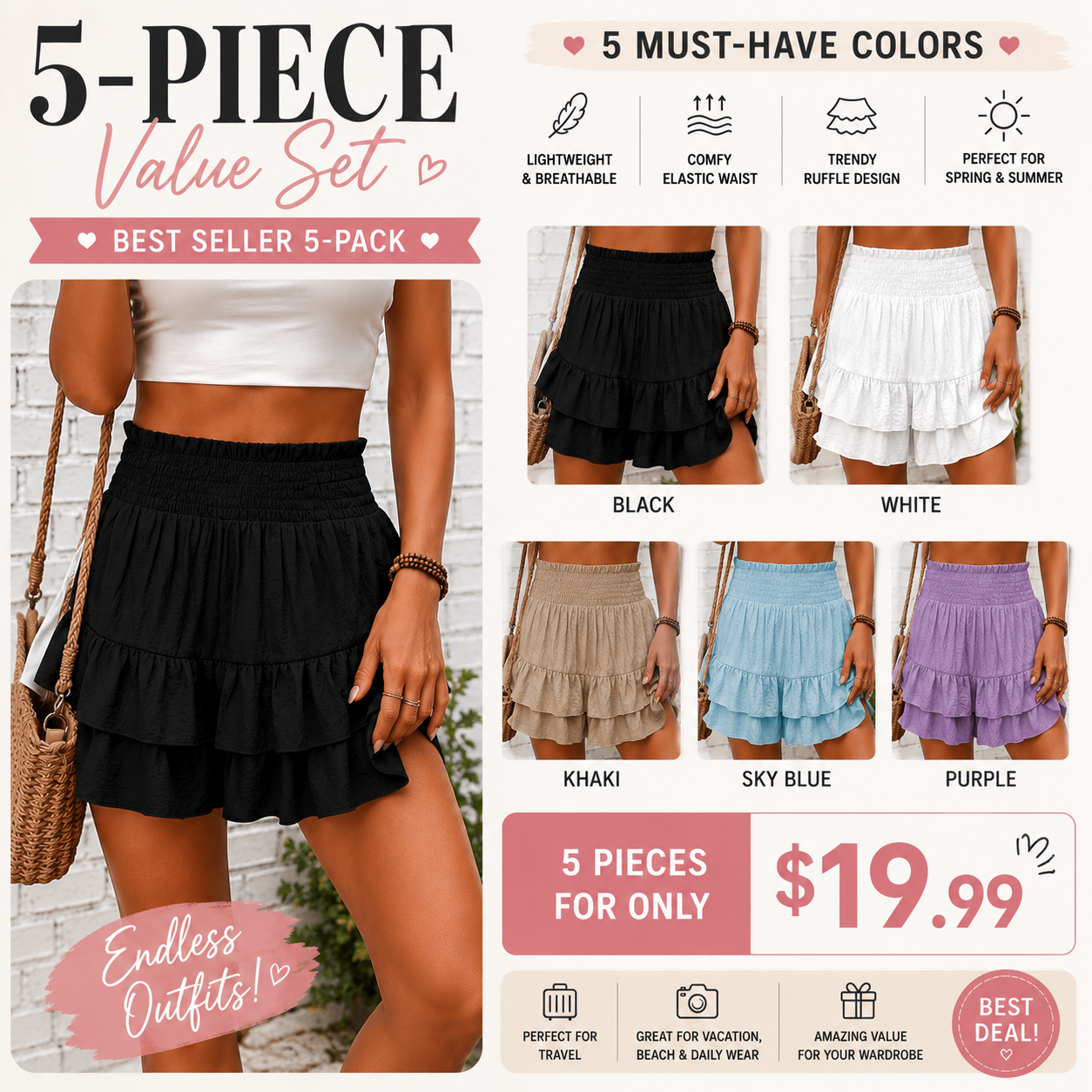 Women’s High-Waisted Ruffle Shorts – Smocked Waist Tiered Boho Summer Shorts for Casual Daily Wear
