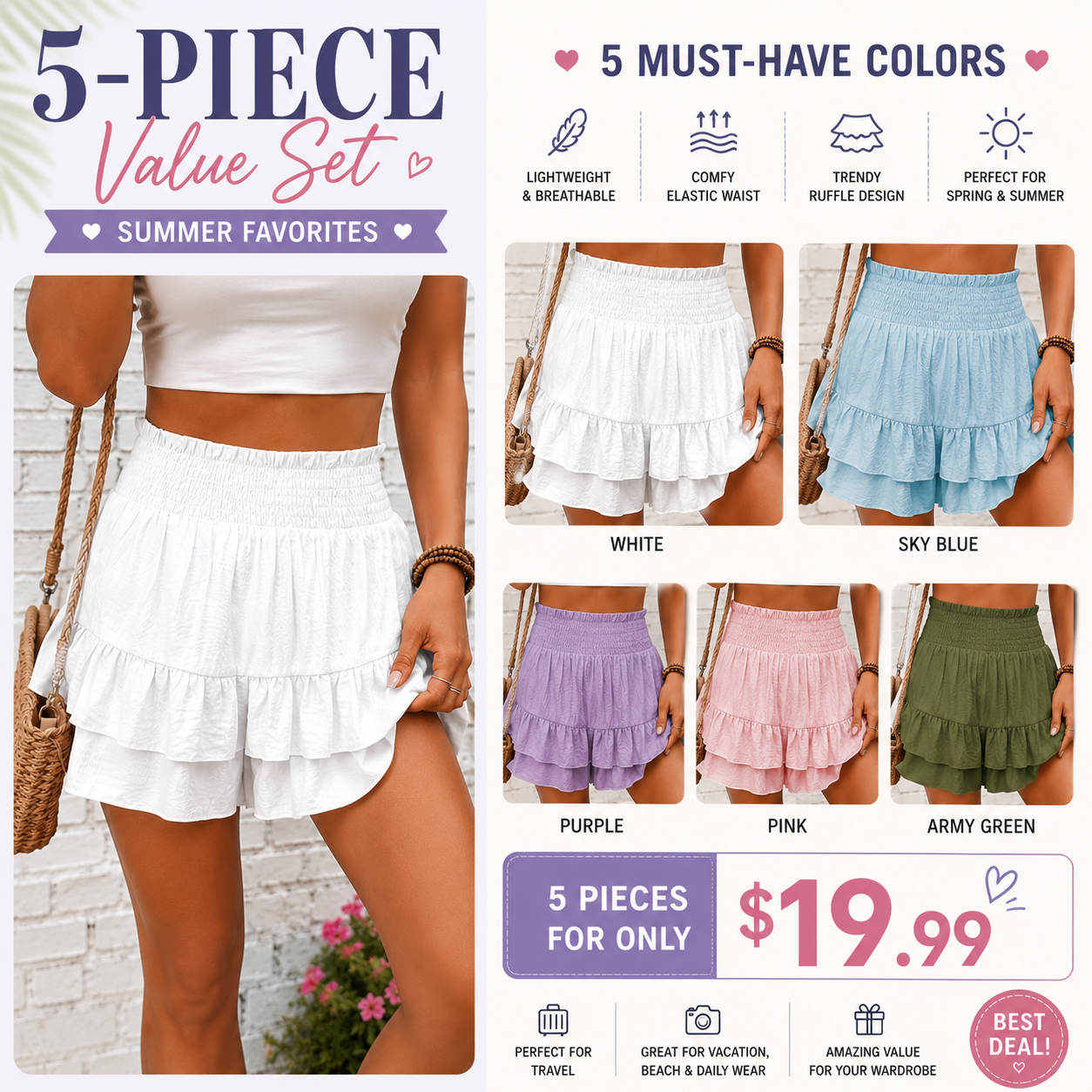 Women’s High-Waisted Ruffle Shorts – Smocked Waist Tiered Boho Summer Shorts for Casual Daily Wear