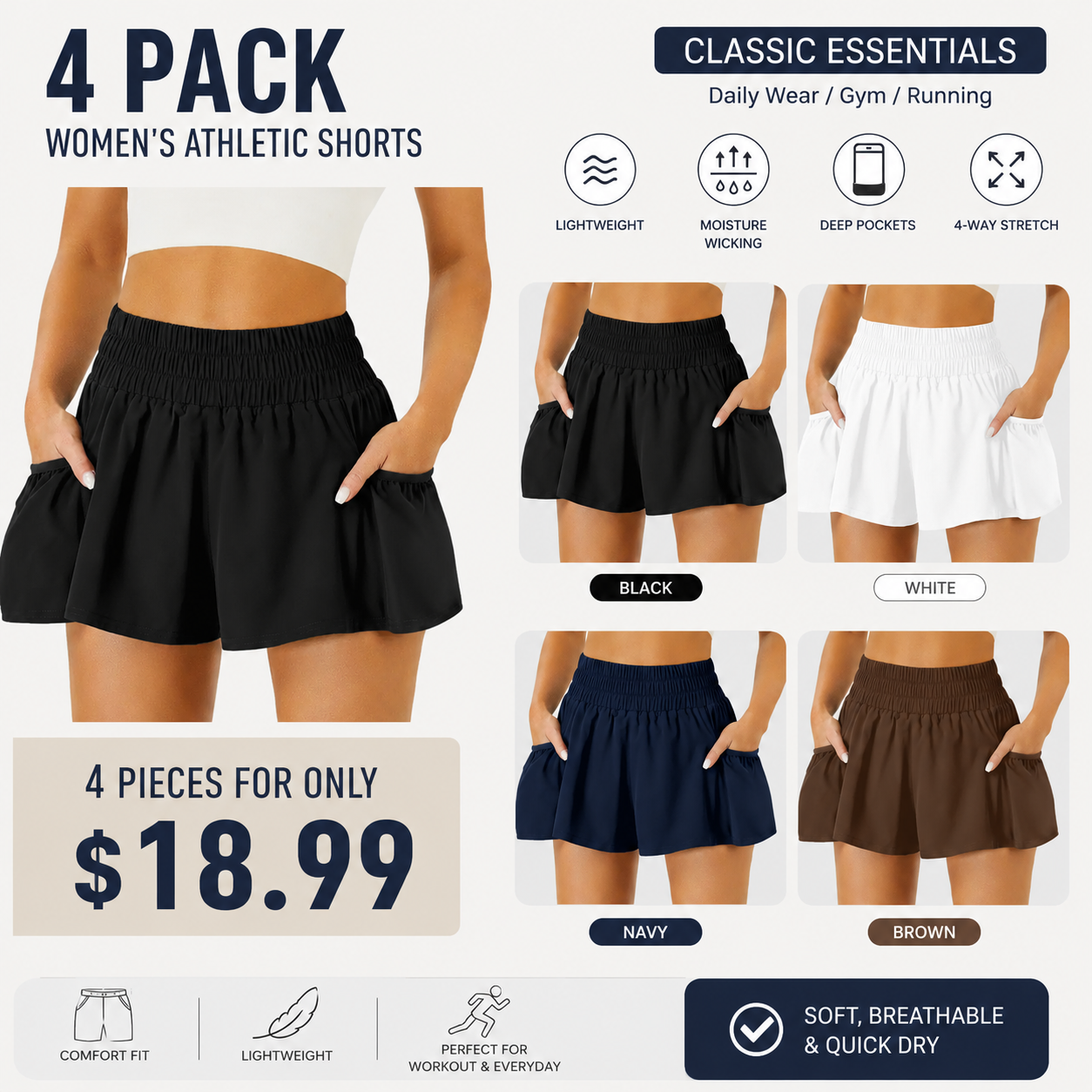 Women's High-Waisted Athletic Running Shorts with Pockets – Flowy Elastic Gym & Workout Shorts