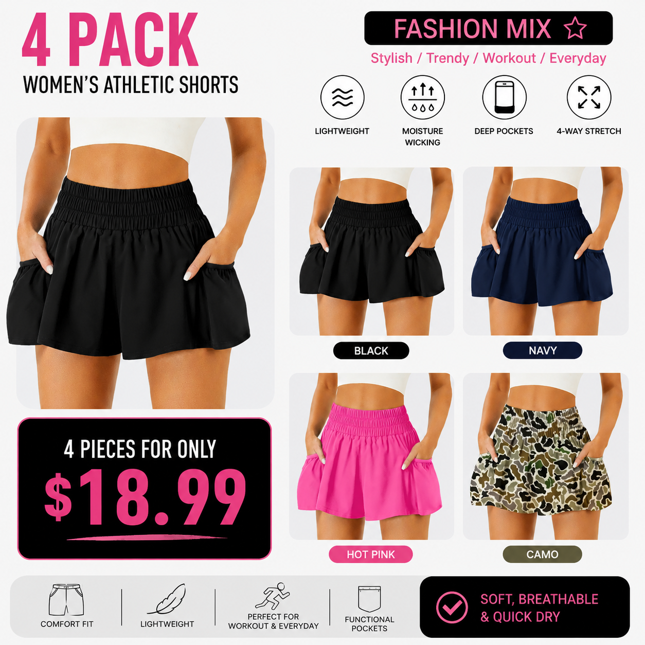 Women's High-Waisted Athletic Running Shorts with Pockets – Flowy Elastic Gym & Workout Shorts