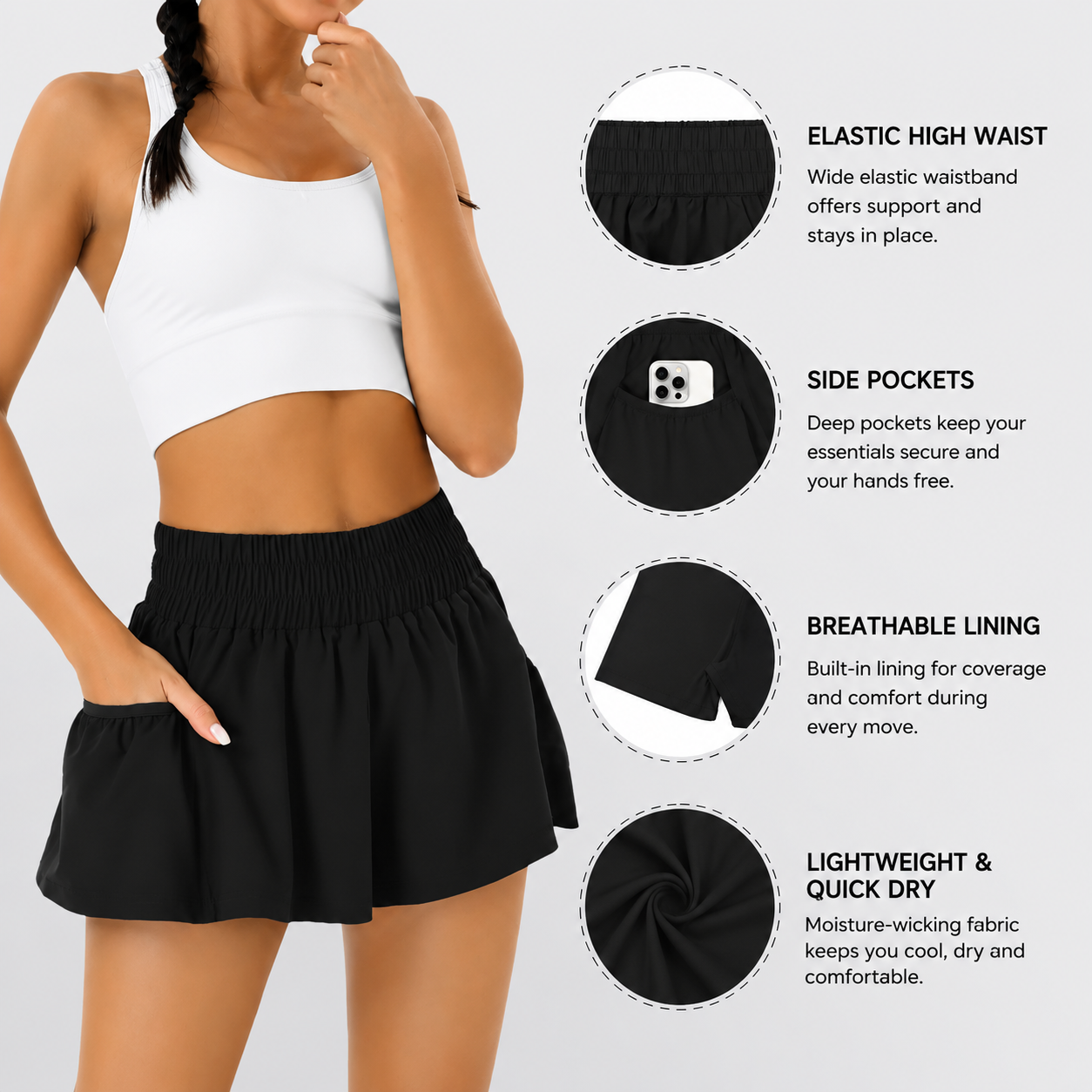 Women's High-Waisted Athletic Running Shorts with Pockets – Flowy Elastic Gym & Workout Shorts