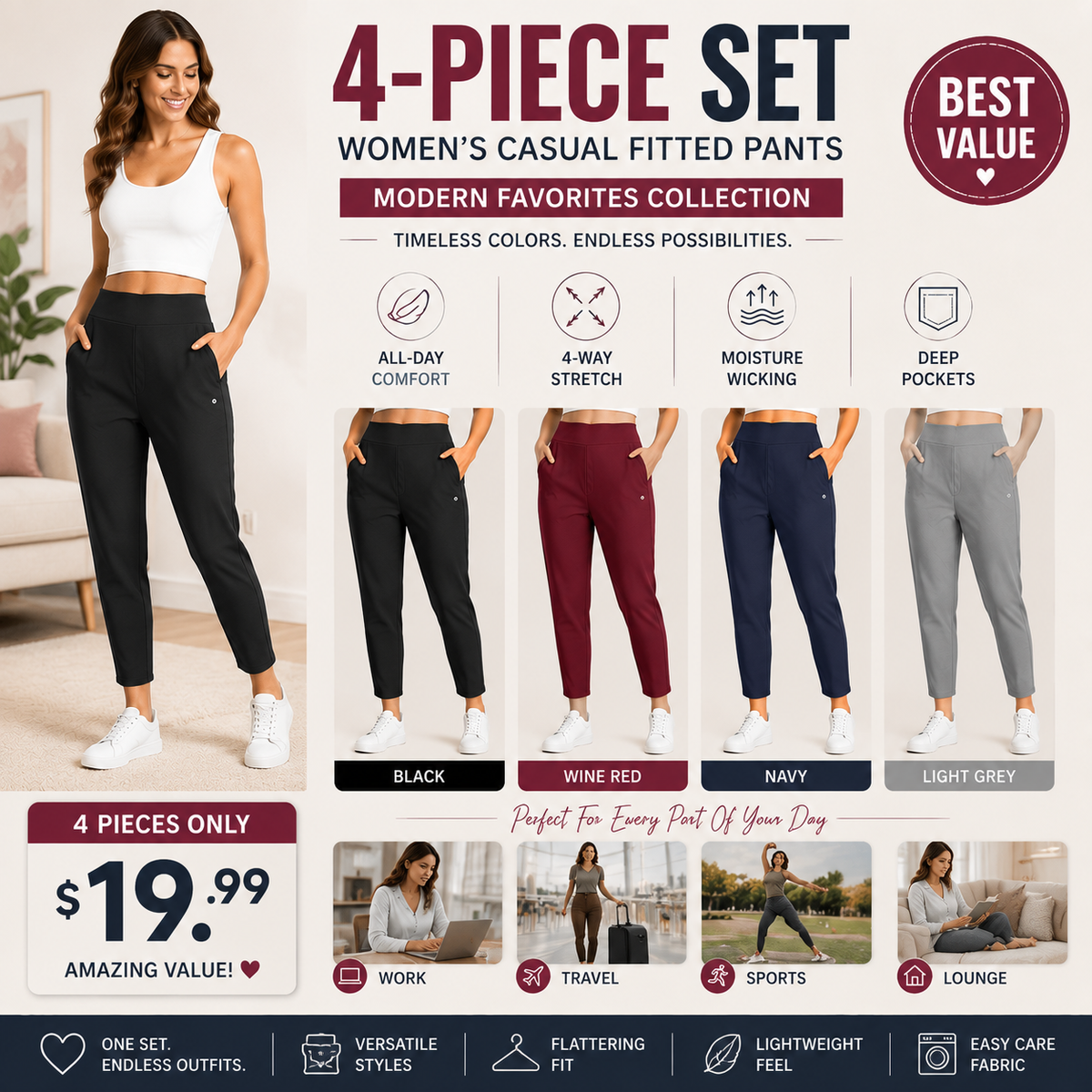 Women’s Lightweight Ankle Pants – Soft Stretch Work Pants with UPF 50+ & Zipper Pockets