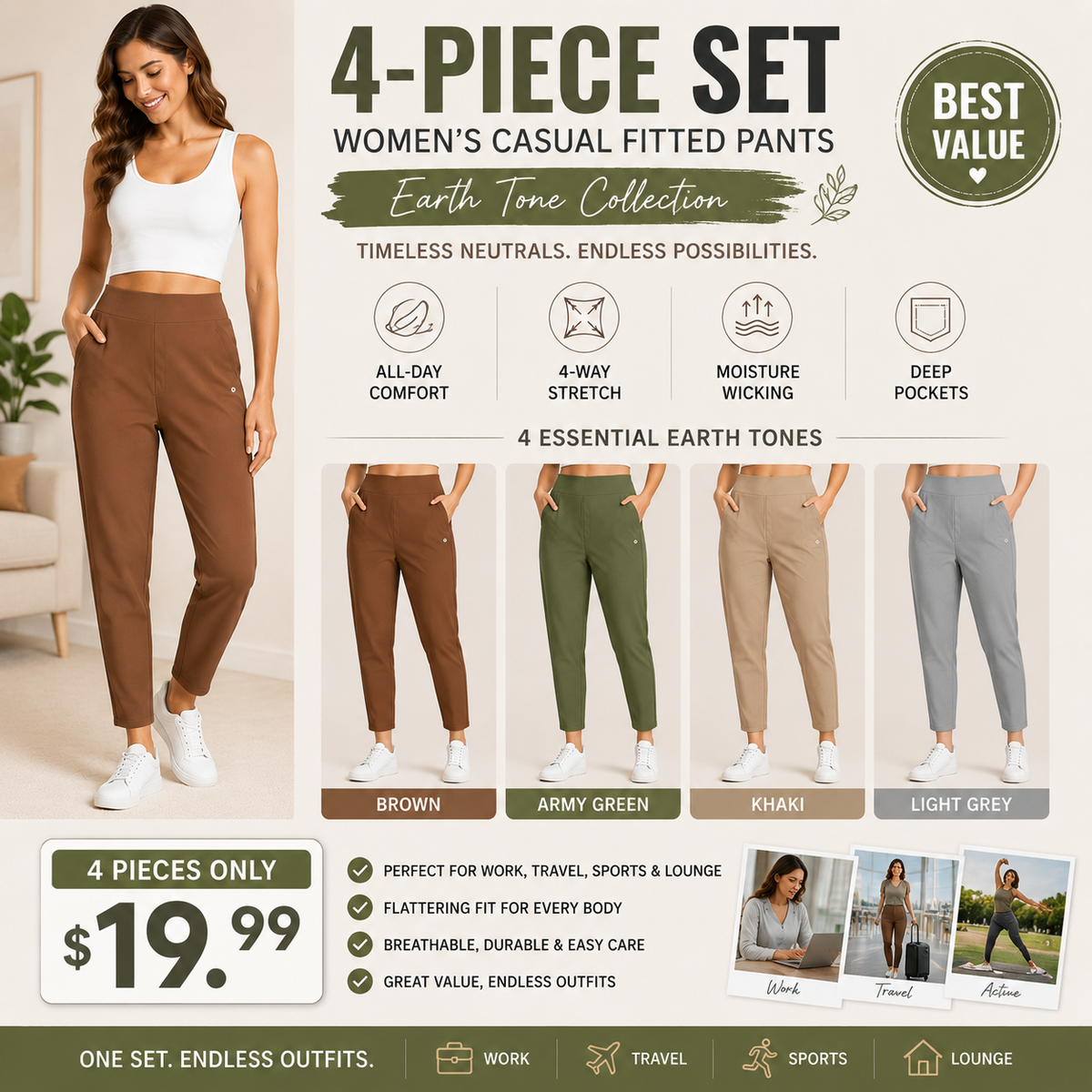 Women’s Lightweight Ankle Pants – Soft Stretch Work Pants with UPF 50+ & Zipper Pockets