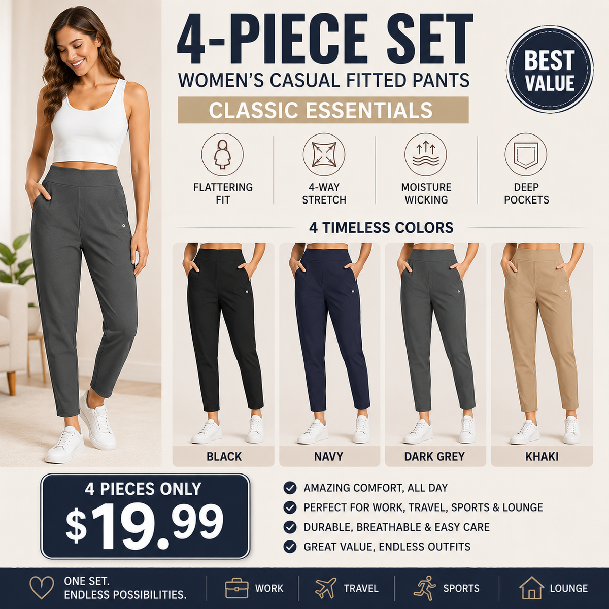 Women’s Lightweight Ankle Pants – Soft Stretch Work Pants with UPF 50+ & Zipper Pockets