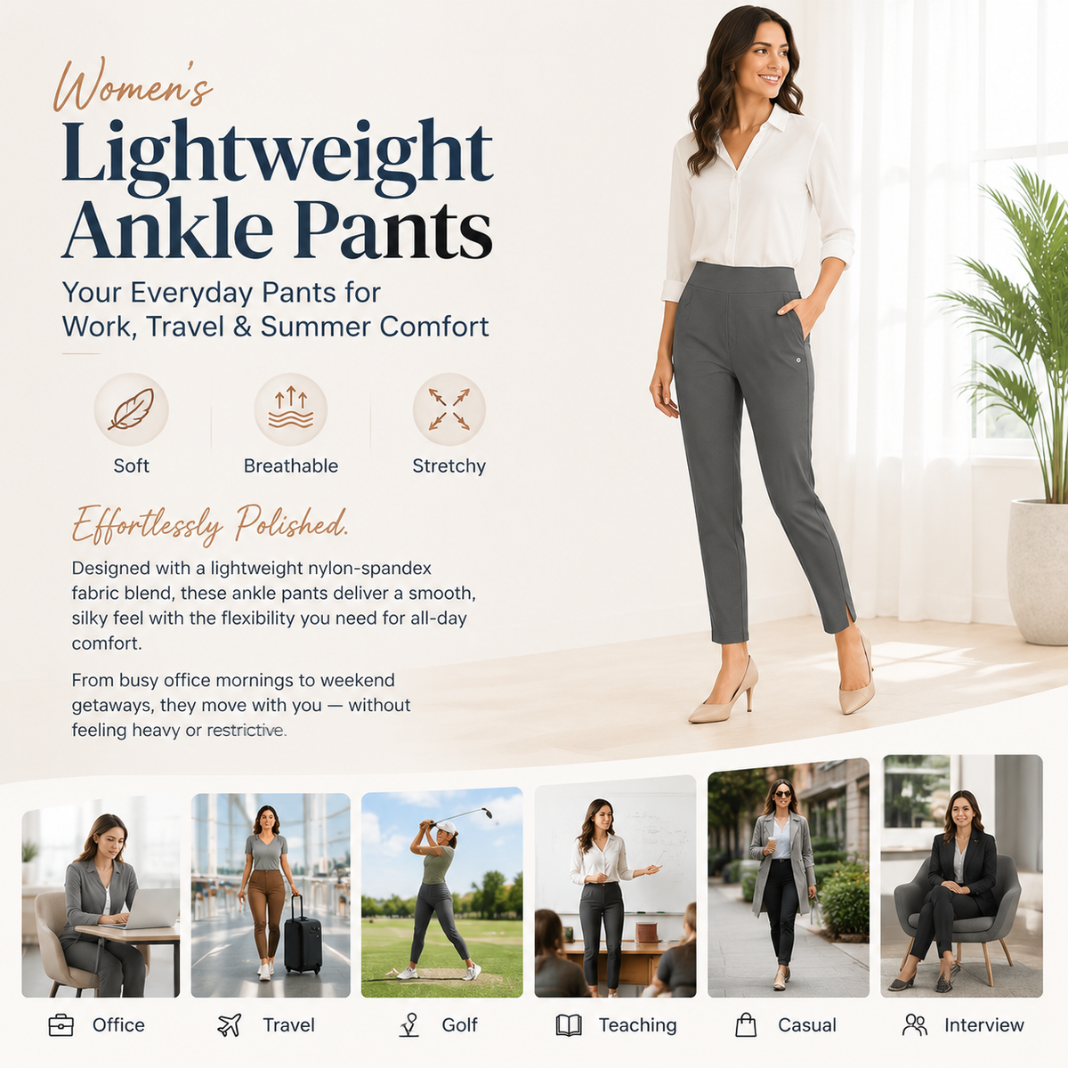 Women’s Lightweight Ankle Pants – Soft Stretch Work Pants with UPF 50+ & Zipper Pockets