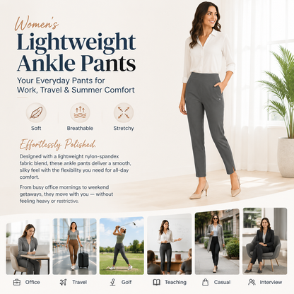 Women’s Lightweight Ankle Pants – Soft Stretch Work Pants with UPF 50+ & Zipper Pockets