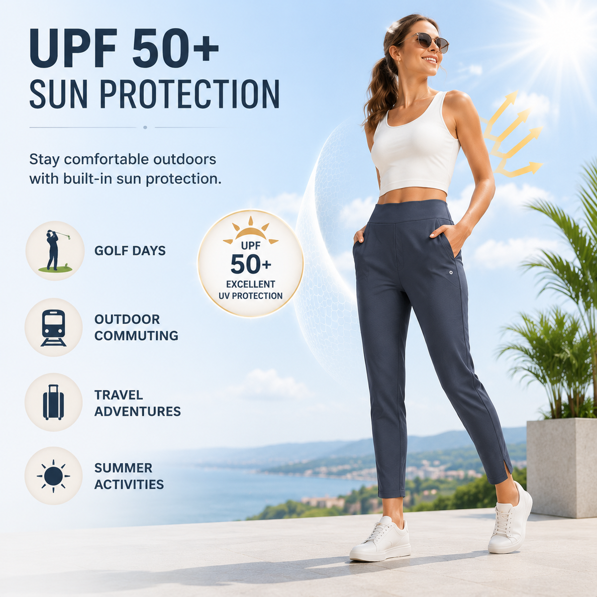 Women’s Lightweight Ankle Pants – Soft Stretch Work Pants with UPF 50+ & Zipper Pockets